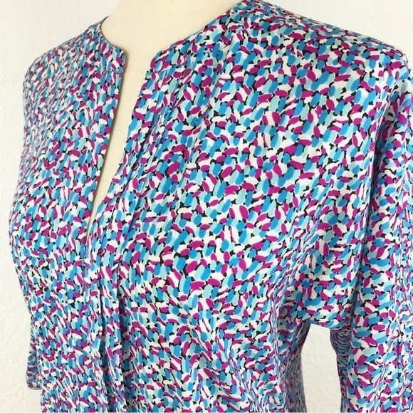 Ann Taylor Abstract Floral Colorful Blouse Jewel Tones Elastic Hem Cuffs V-Neck - Picture 6 of 16